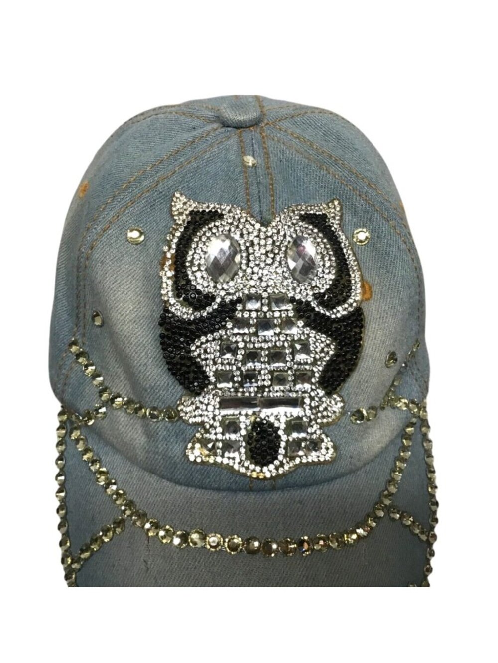 Distressed Denim Rhinestone Owl Cotton Cap Hat